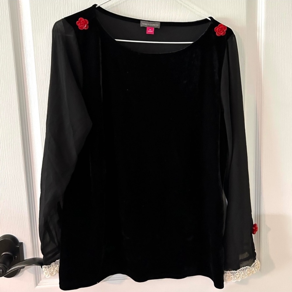 Vince Camuto Black Velvet Top With Red Rose Buttons M